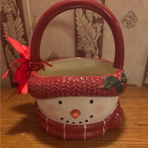 St. Nicholas Square Warm Wishes Snowman Handled Basket Or Candy Dish.